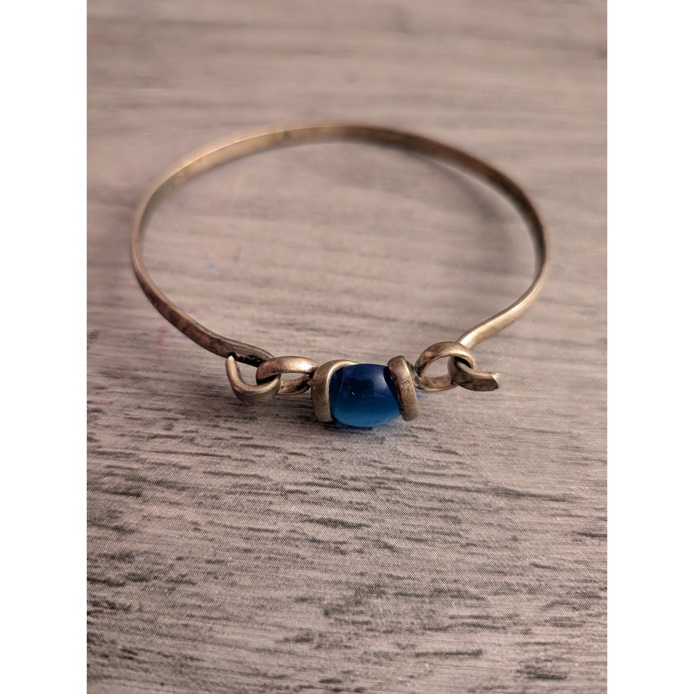 Artisan Silver Wire Wrapped Bangle Bracelet Blue Cats Eye Bead Hook Closure